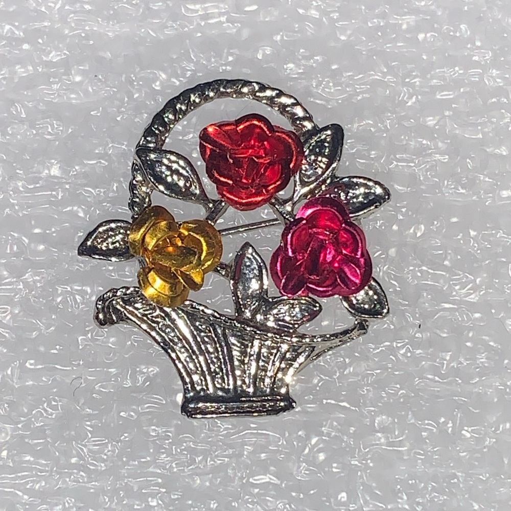 Red, Pink, & Gold Roses in Silver Tone Basket Brooch/Pin - Picture 3 of 16